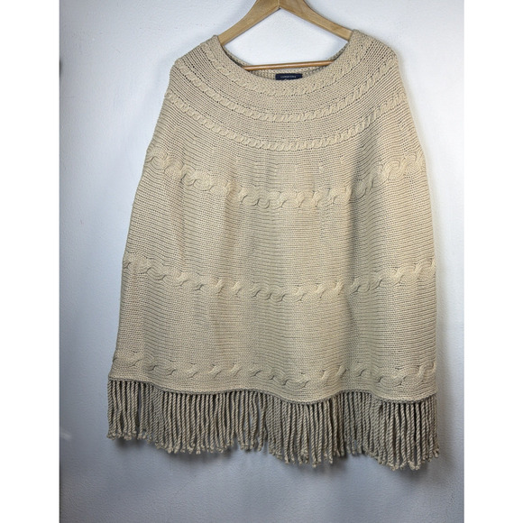 Lands End large XL Poncho Sweater Tan Pullover Cable Knit Fringe Wool Blend - Picture 2 of 9